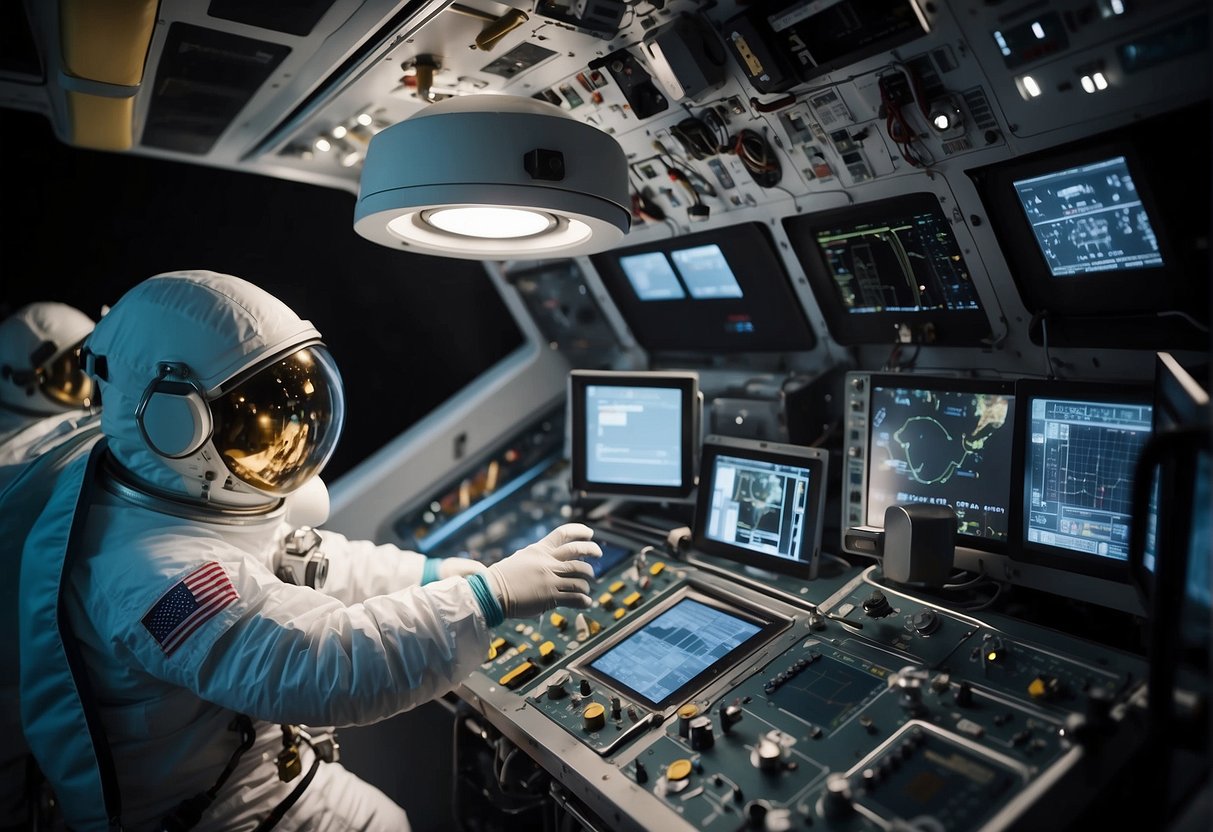 Radiation detection equipment is being installed on a spacecraft, with astronauts in spacesuits working on the installation. The equipment includes sensors and monitors, with wires and cables connecting to the spacecraft's control panel