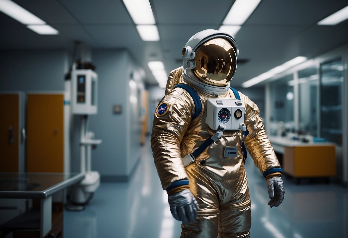 The Materials Science of Space Gear - An astronaut's suit, made of advanced alloys and high-tech fabrics, hangs in a sterile laboratory. The metallic sheen of the material catches the light, showcasing the cutting-edge technology used in space gear