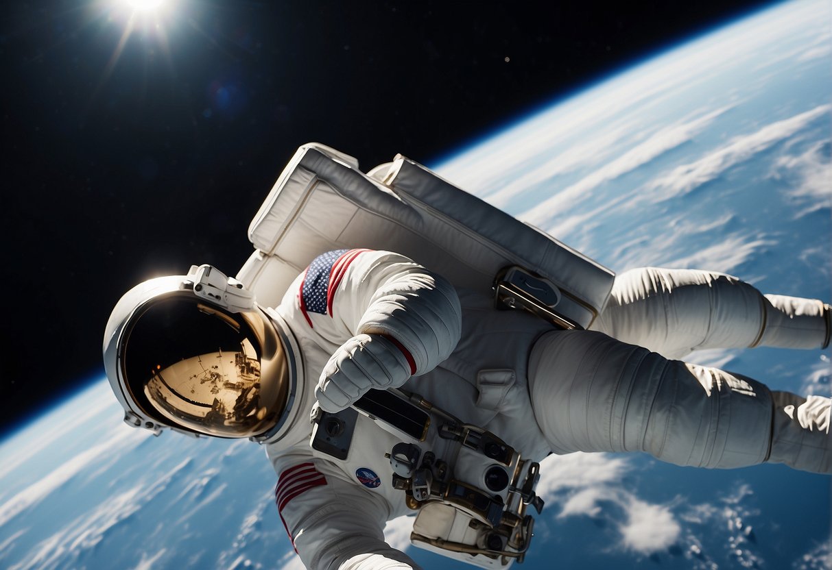A space suit, made of advanced alloys and high-tech fabrics, floats in the zero-gravity environment of outer space, with the Earth in the background