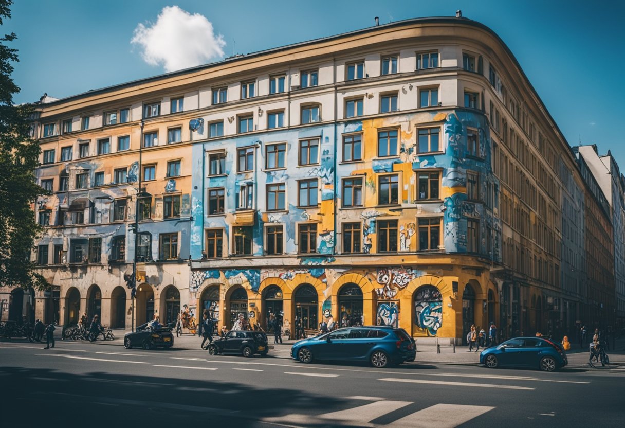 Eine belebte Straße in Berlin, Deutschland, mit bunten, mit Graffiti bedeckten Gebäuden und einer Mischung aus moderner und historischer Architektur
