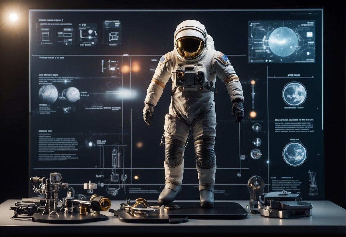 A space suit hangs on a metal rack, surrounded by various materials and tools. A diagram of the suit's components is displayed on a nearby screen