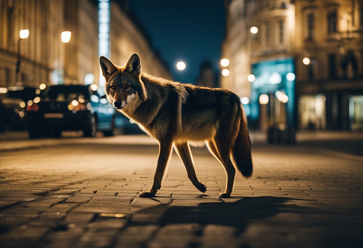 Kojoten streifen nachts durch eine verlassene Berliner Straße, ihre Silhouetten sind im Schein der Lichter der Stadt sichtbar
