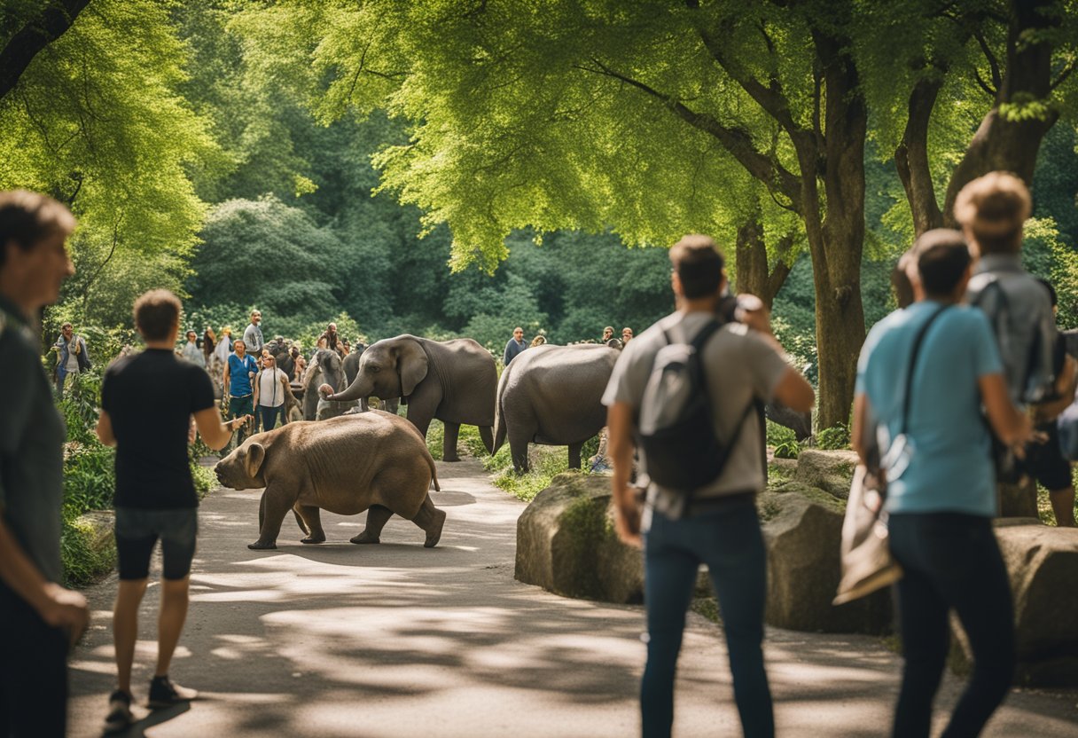 Lively animals roam Berlin Zoo, surrounded by lush greenery and diverse habitats. Visitors watch as creatures from around the world interact in a vibrant, bustling atmosphere