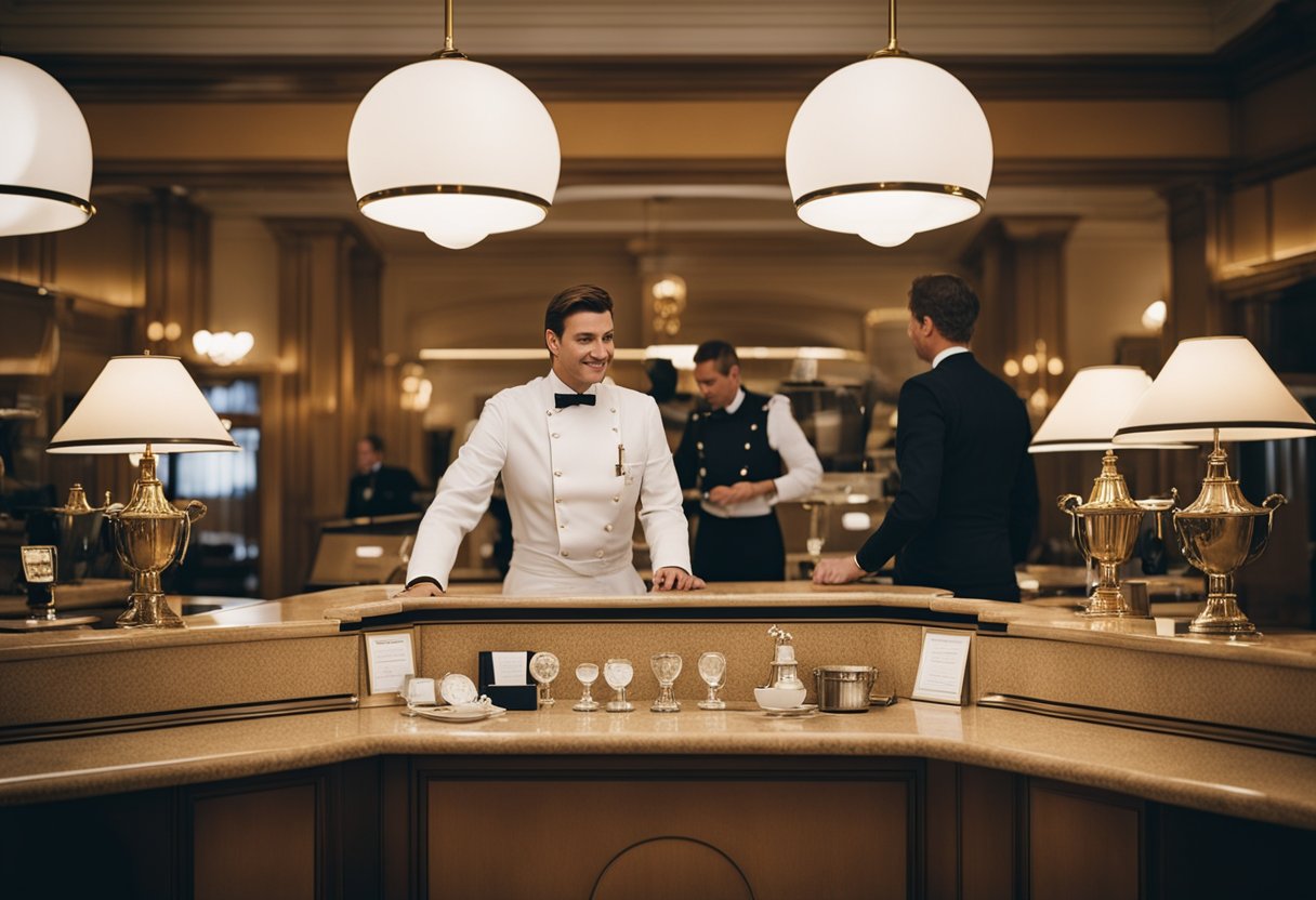 The grand hotel's Guest Services desk bustles with activity as staff assist guests in Berlin, Germany