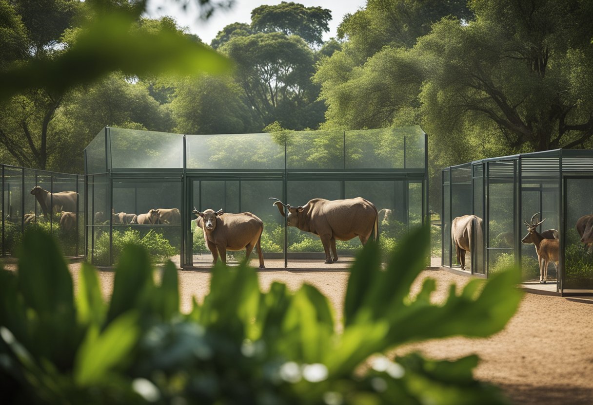 Animals roam in spacious enclosures, visitors gather to watch feeding and educational presentations, lush greenery surrounds well-maintained habitats