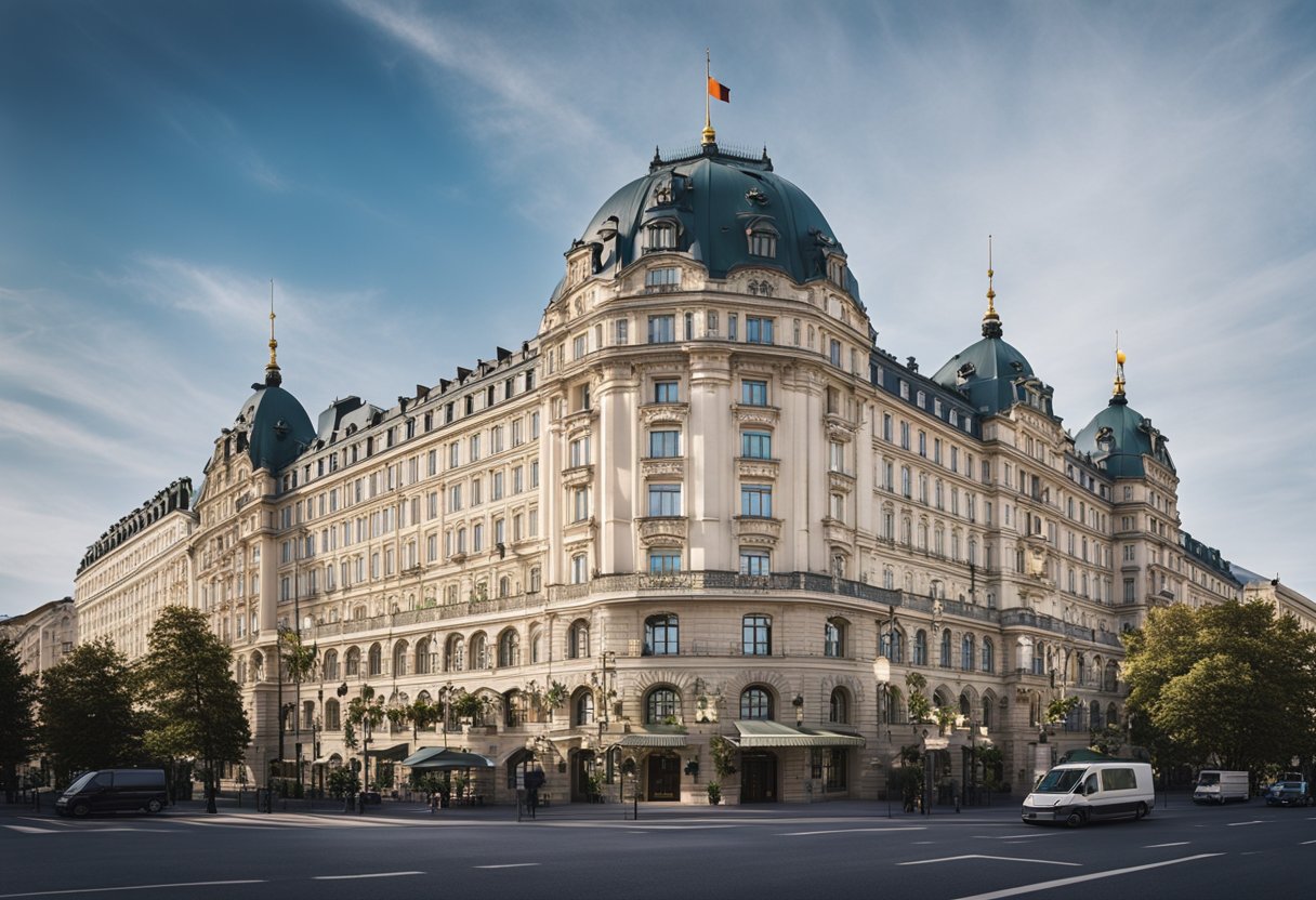 The grand hotel in Berlin, Germany, features intricate architectural details, towering spires, and ornate facades