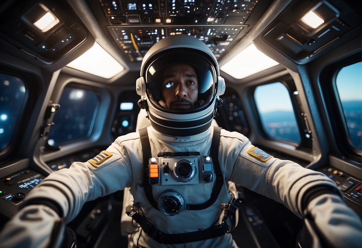 Virtual Reality for Space Mission Training: Astronaut in VR headset floats in simulated space environment with control panel and spacecraft interior