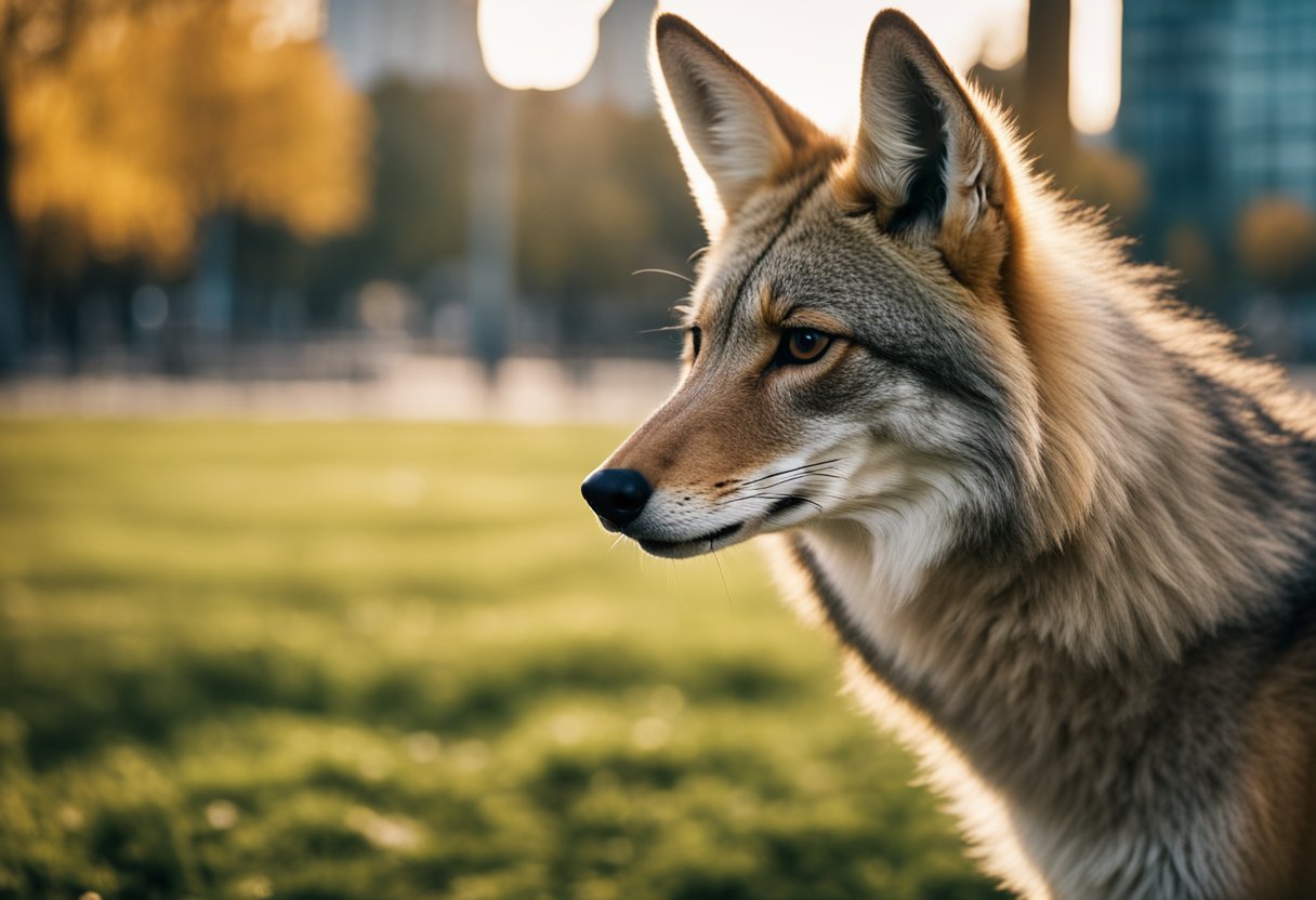 Ein Kojote mit spitzen Ohren und einem buschigen Schwanz steht in einem Stadtpark, mit der Berliner Skyline im Hintergrund