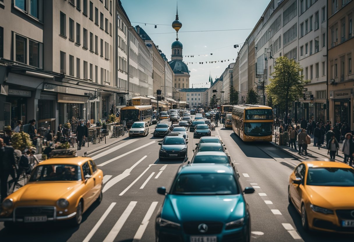 Eine belebte Straße in Berlin, Deutschland, gefüllt mit ikonischen Wahrzeichen, moderner Architektur und lebendiger Straßenkunst. Die Szene ist lebendig mit der Energie einer kosmopolitischen Stadt
