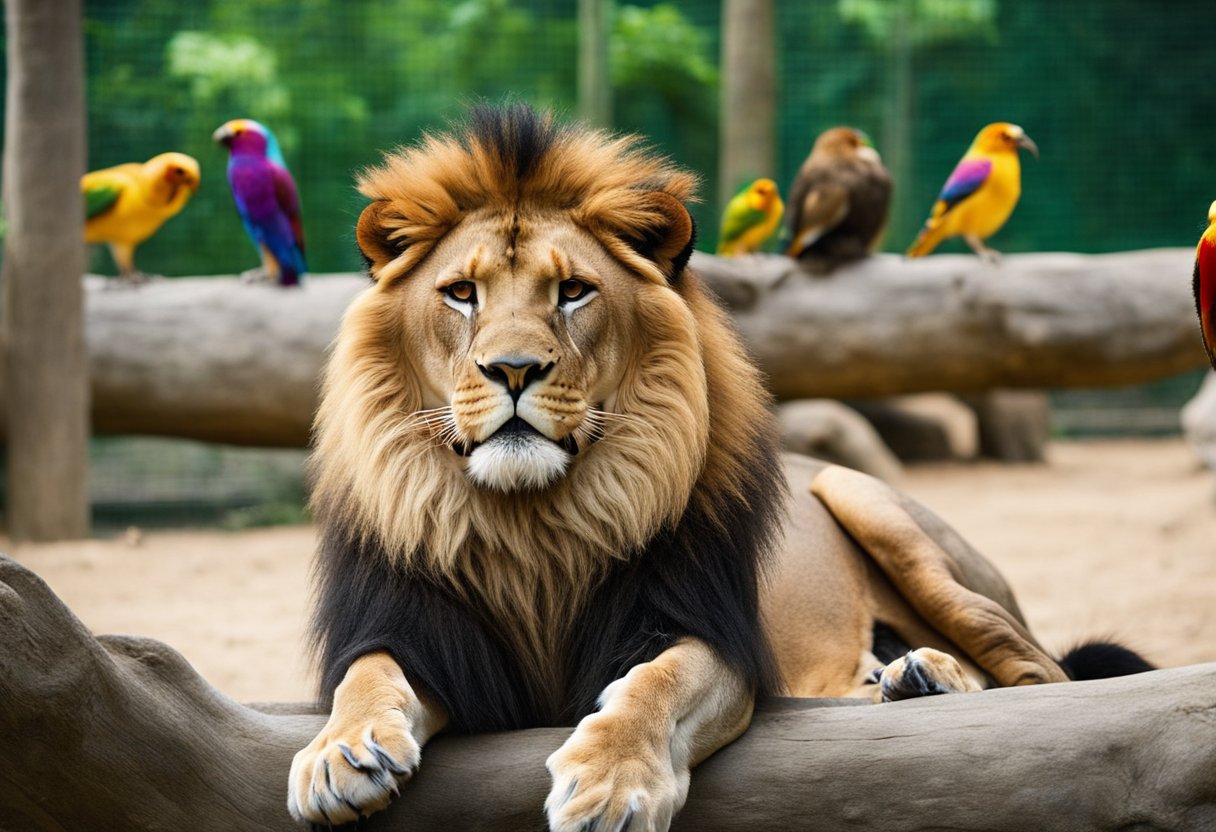 Löwen brüllen in ihrem weitläufigen Gehege, während bunte Vögel in der Voliere umherflattern. Besucher bestaunen die vielfältigen Tierexponate und -sammlungen im Zoo Berlin Deutschland