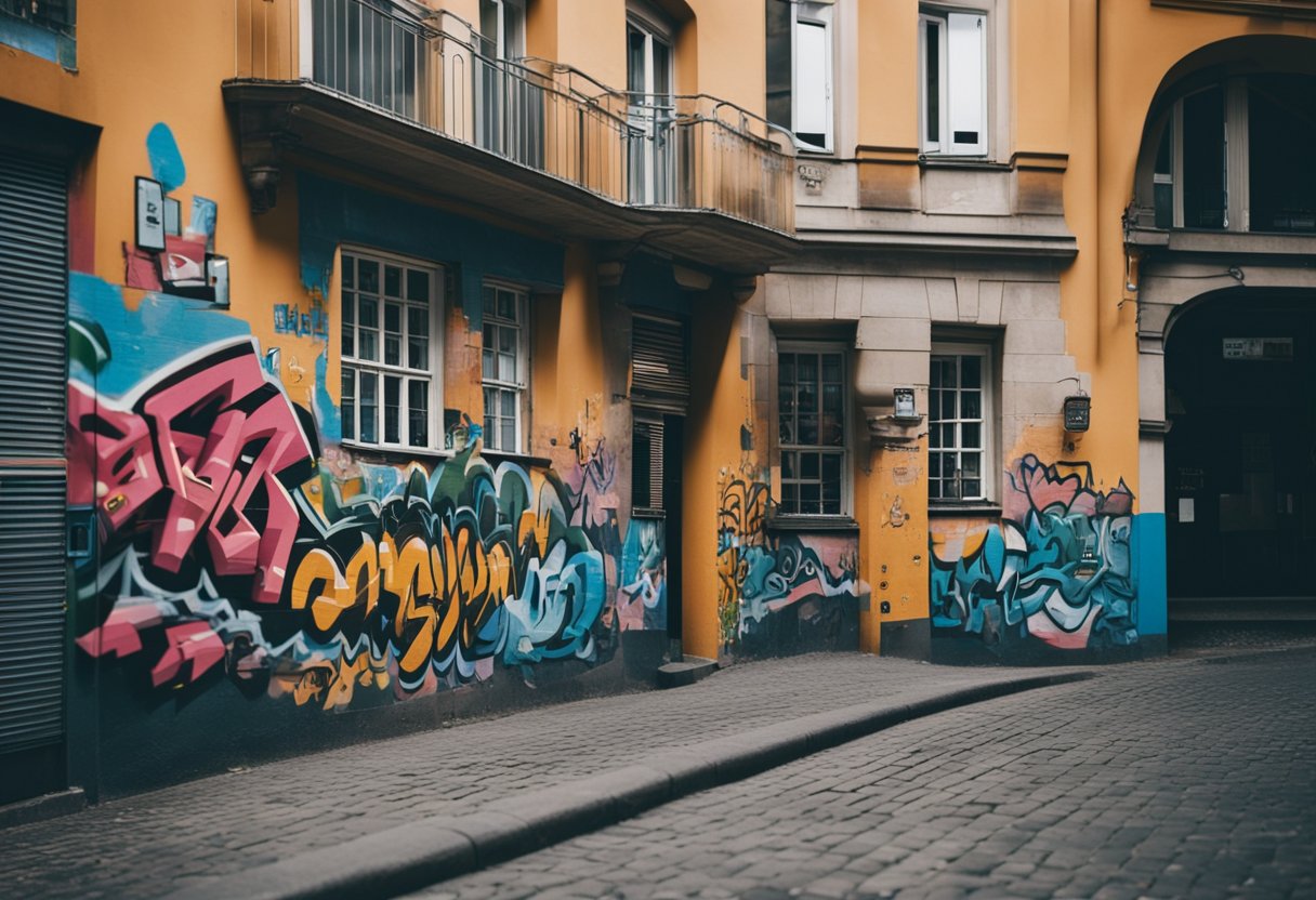 Eine belebte Berliner Straße mit lebendigen Graffiti, historischer Architektur und verschiedenen Einwohnern fängt die Authentizität der Stadt in einer Fotoszene ein