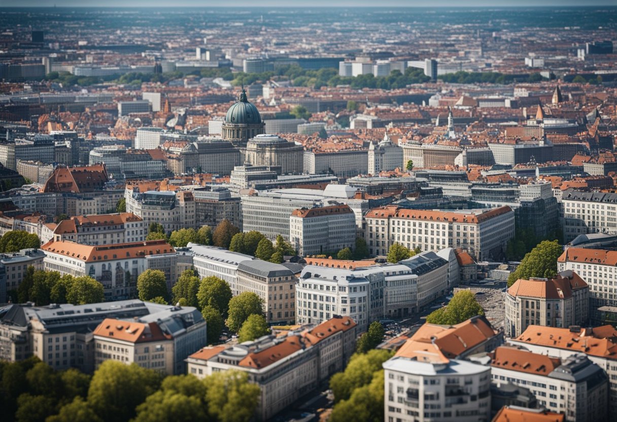 Aerial view of Berlin with tightly packed buildings and bustling streets, showing high population density