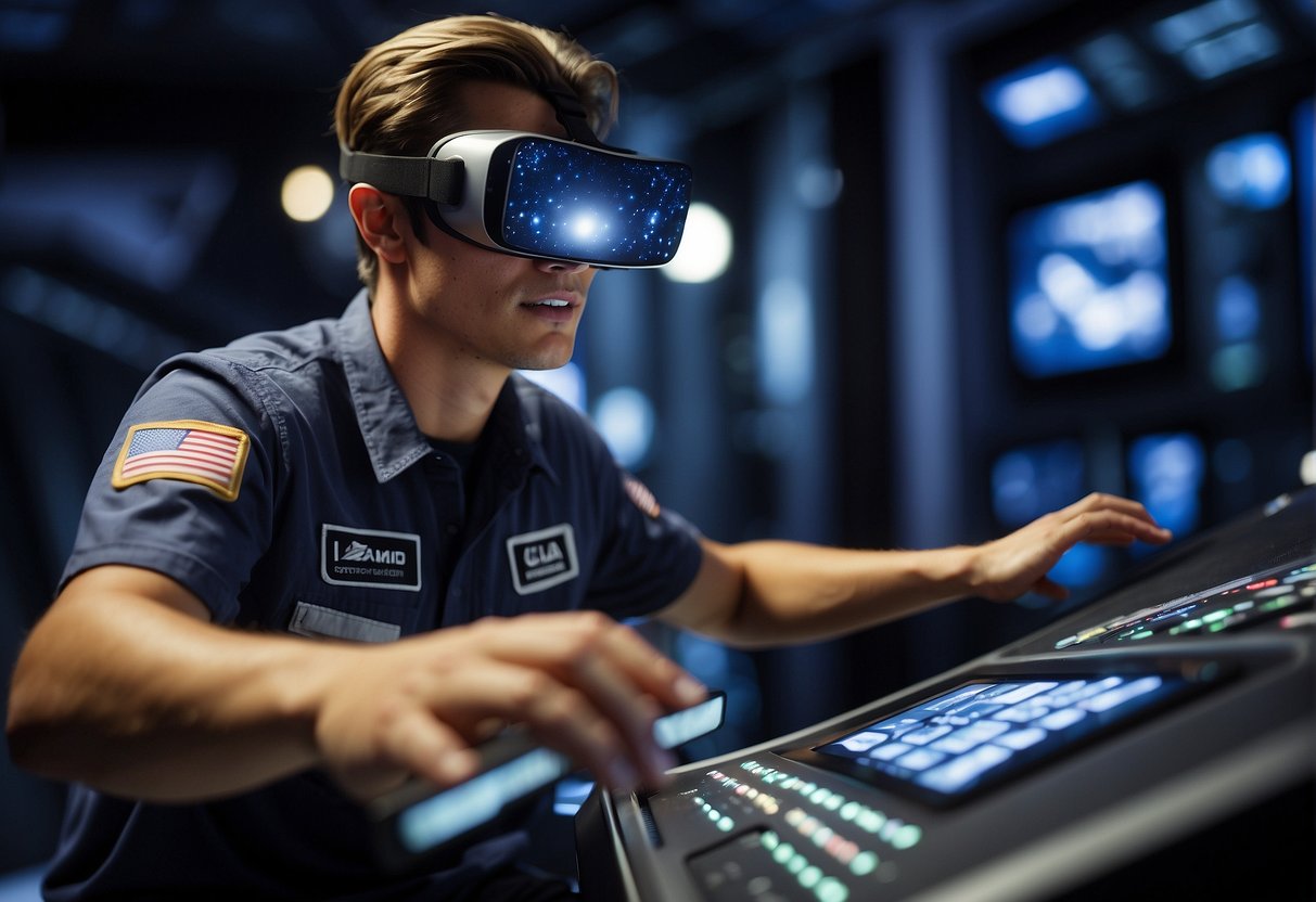 A virtual reality headset is worn by a trainee in a simulated space mission. They interact with a control panel and view a realistic space environment