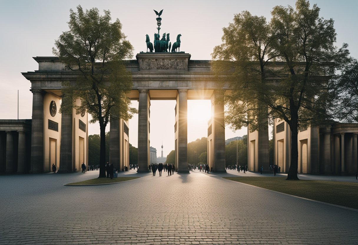 The iconic Brandenburg Gate stands tall against a backdrop of modern and historic architecture in Berlin, Germany