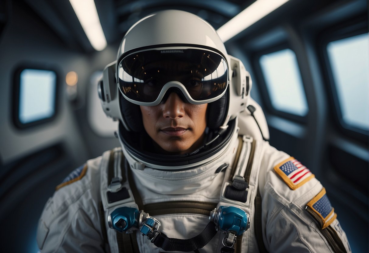 Astronaut in VR headset trains for space mission, surrounded by high-tech equipment and simulation modules