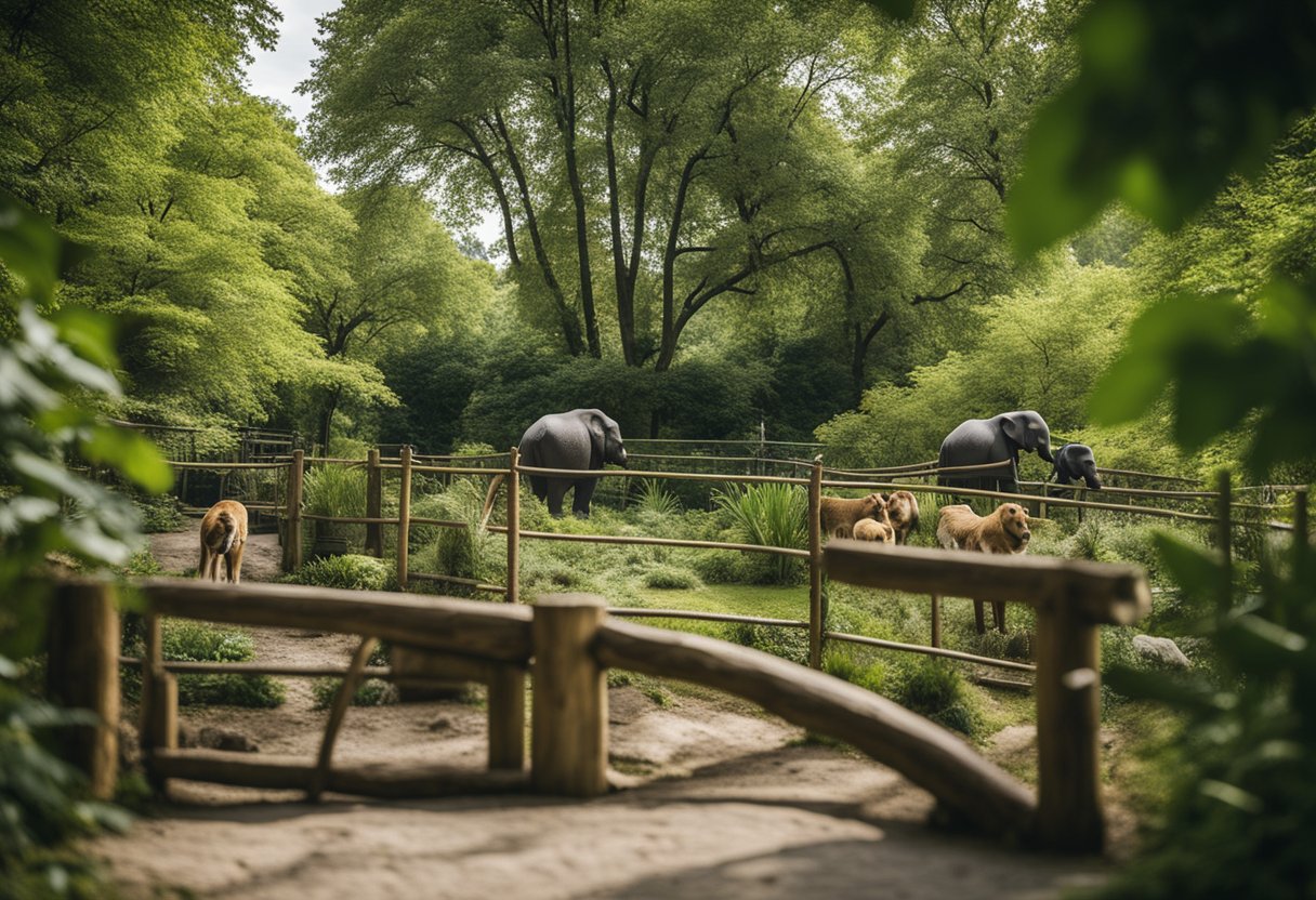Deutsche Zooszenen: Tiere in natürlichen Lebensräumen, üppiges Grün, saubere Gehege, Tierpfleger, die sich um die Tiere kümmern, lehrreiche Schilder, Besucher, die sich über die Bemühungen um den Naturschutz freuen