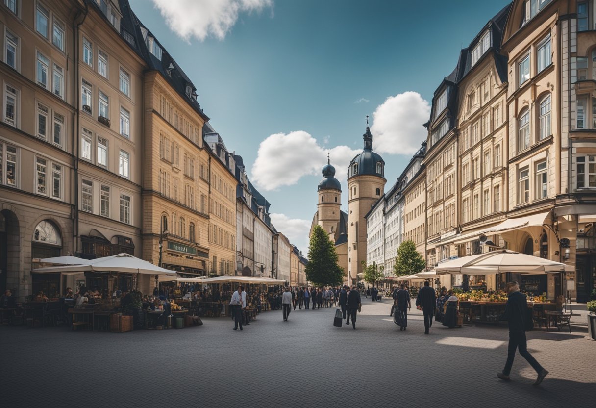 Ein belebtes Stadtbild mit verschiedenen Gebäuden und belebten Straßen, das die vielfältige Demografie der deutschen Bevölkerung zeigt