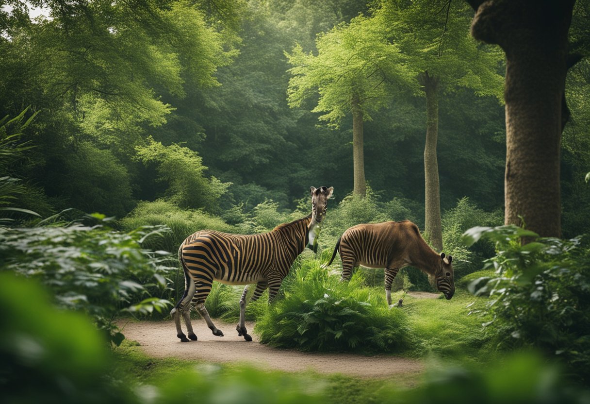 Animals roam freely in Berlin Zoo, surrounded by lush greenery. Researchers observe and document behavior, while conservation efforts are evident throughout the habitat