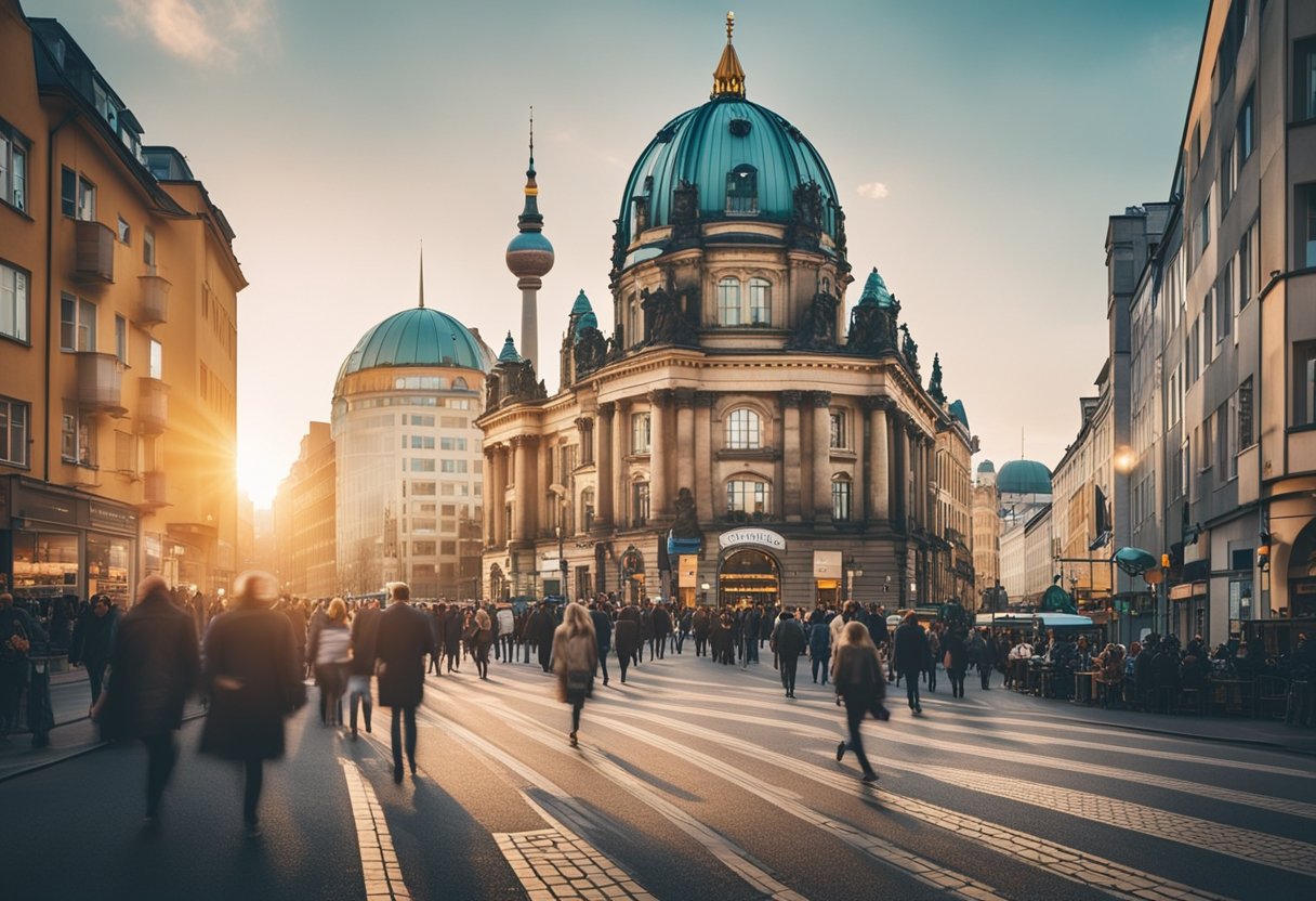 A bustling city street with iconic landmarks, colorful buildings, and busy pedestrians. The scene is filled with energy and movement, capturing the vibrant atmosphere of Berlin, Germany