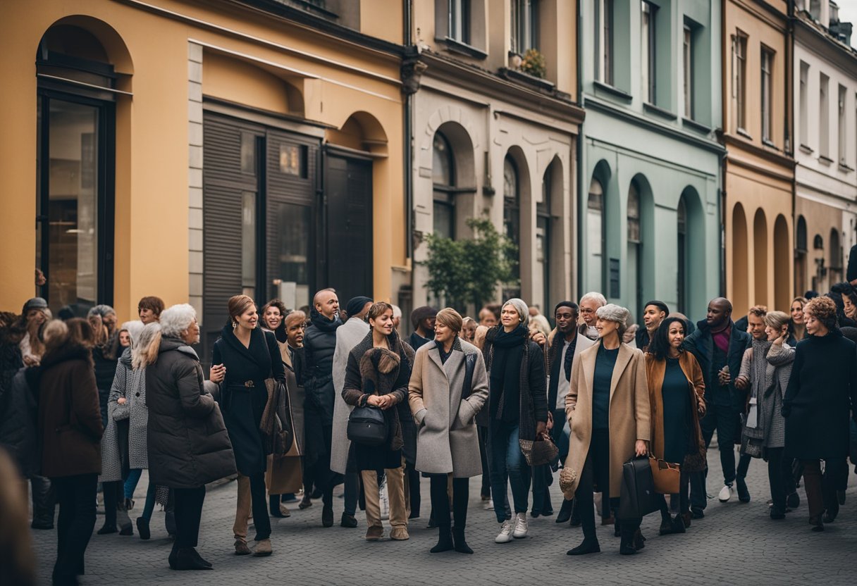 Eine bunte Gruppe von Menschen versammelt sich in einem pulsierenden Berliner Viertel, das die multikulturelle Demografie der Stadt repräsentiert. Die Szene ist mit einer Mischung aus verschiedenen Altersgruppen, Ethnien und Hintergründen gefüllt und zeigt die reiche und vielfältige Bevölkerung der Stadt