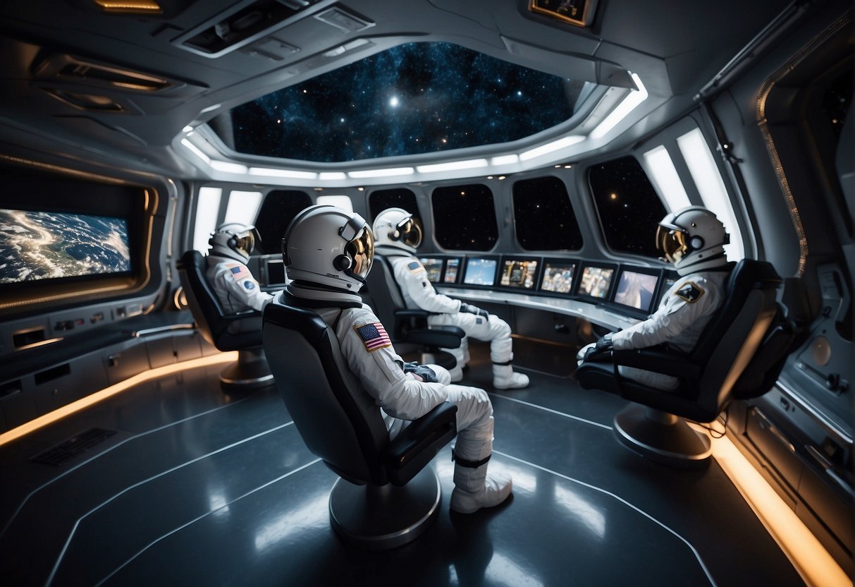 Astronauts navigate through VR space simulations, facing obstacles and solving problems, while experiencing realistic gravity and environmental conditions
