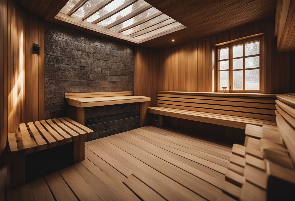 Eine traditionelle deutsche Sauna in Berlin, mit Holzbänken, Steinwänden und einem Ofen, der Dampf abgibt