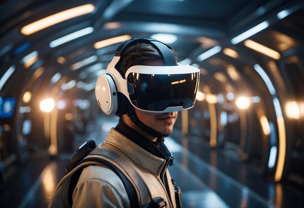 A virtual reality headset displays astronauts training in a simulated space mission, surrounded by futuristic technology and equipment