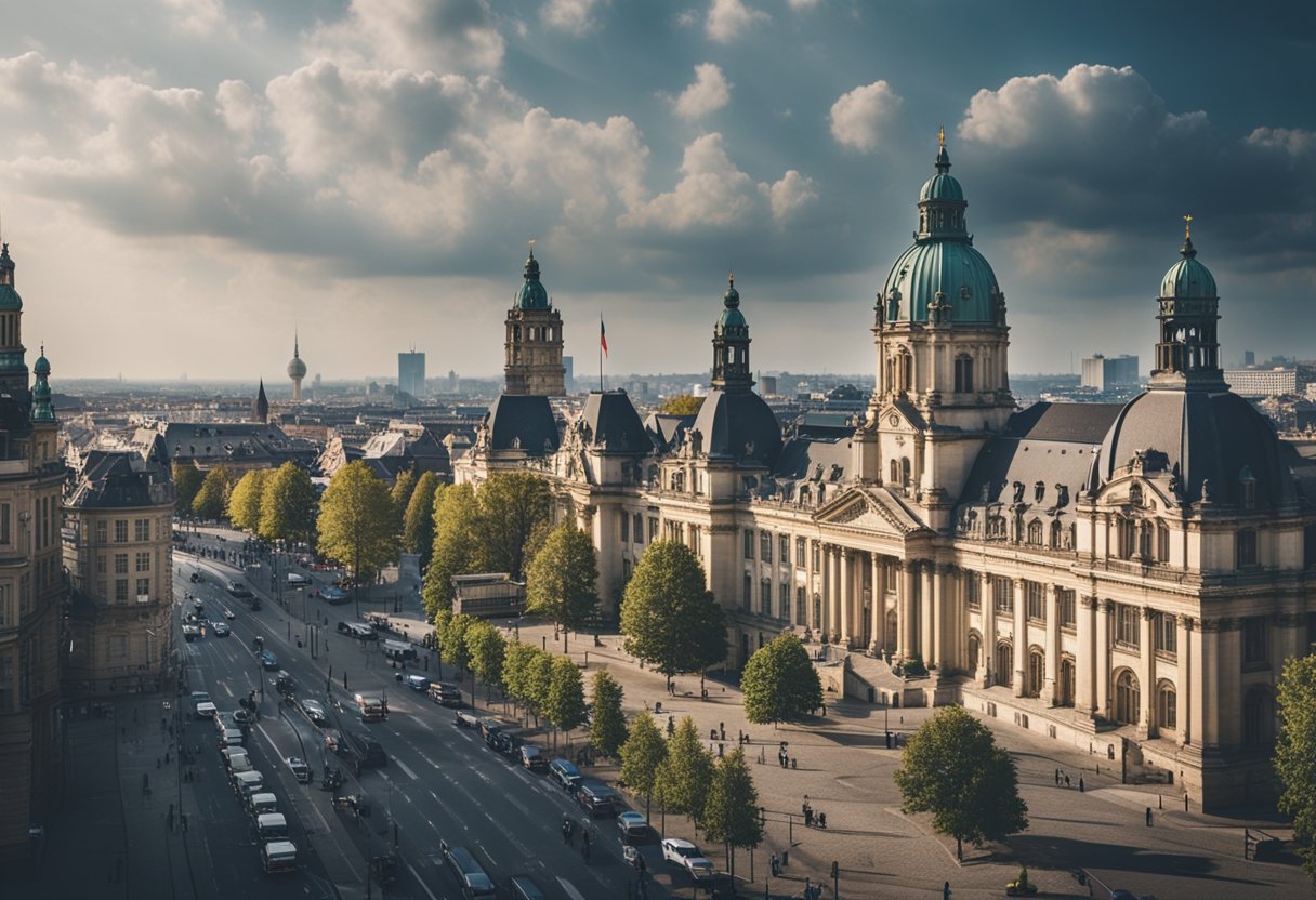 Eine belebte Stadt mit Regierungsgebäuden und verschiedenen Bürgern, die die Bevölkerung Deutschlands repräsentieren