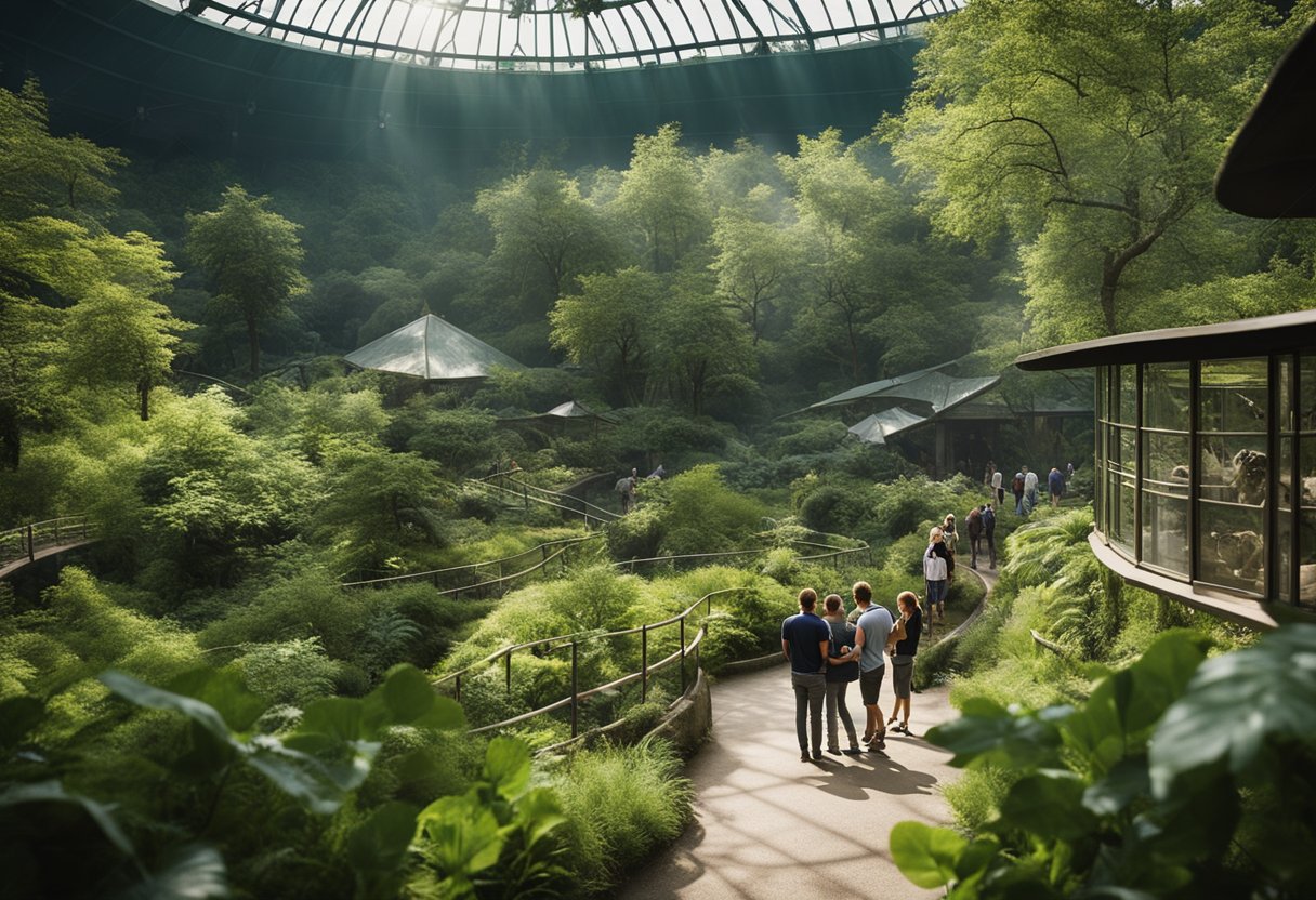 Besucher erkunden die verschiedenen Lebensräume in einem der besten deutschen Zoos, umgeben von üppigem Grün und verschiedenen Tiergehegen