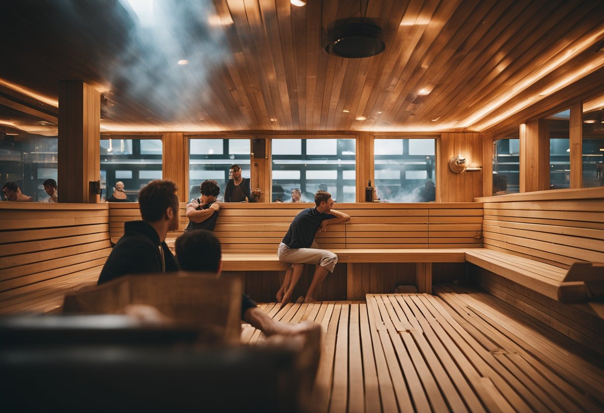 Eine belebte Sauna in Berlin, Deutschland, mit Menschen, die sich in der dampfenden Atmosphäre entspannen und Kontakte knüpfen