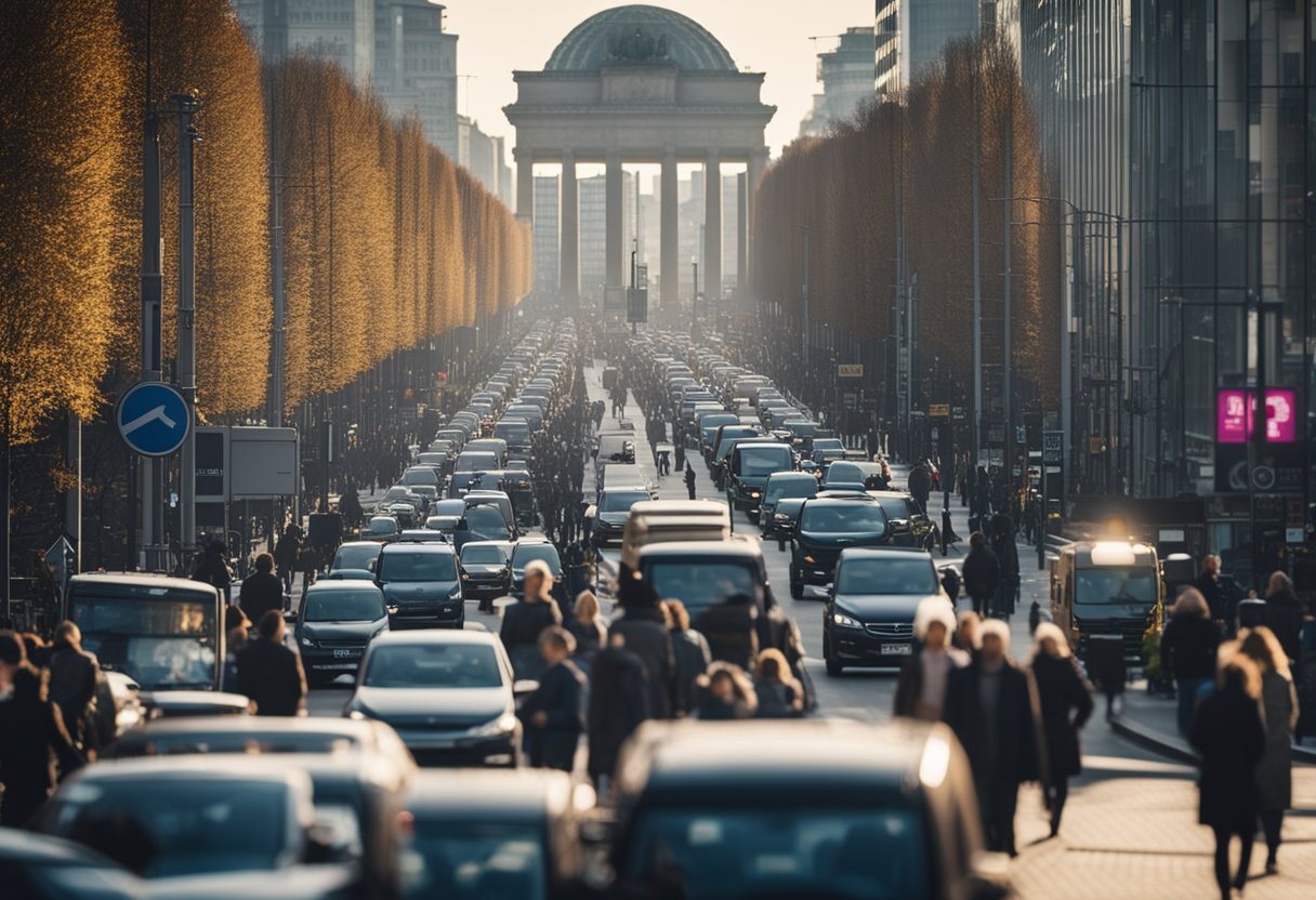 Belebte Straßen mit hohen Gebäuden und überfüllten Bürgersteigen, die für die hohe Bevölkerungsdichte Berlins unter kommunaler Verwaltung stehen