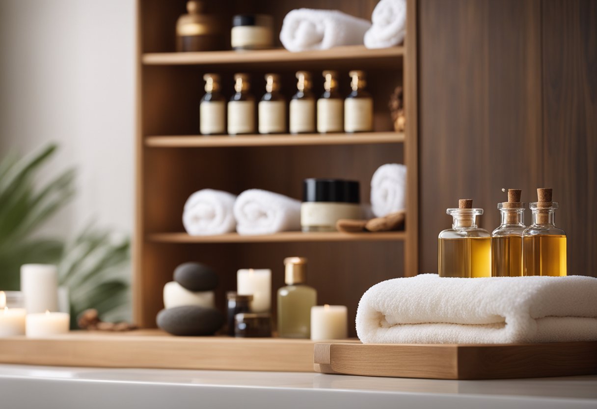 Ein ruhiger Wellness-Raum mit weichen Bademänteln, sanfter Beleuchtung und aromatischen Ölen auf einem polierten Holzregal