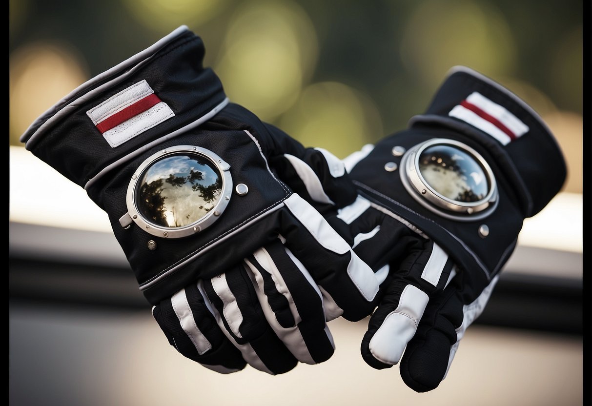 A pair of space gloves, designed for tactility and protection, floats in the zero-gravity environment of outer space