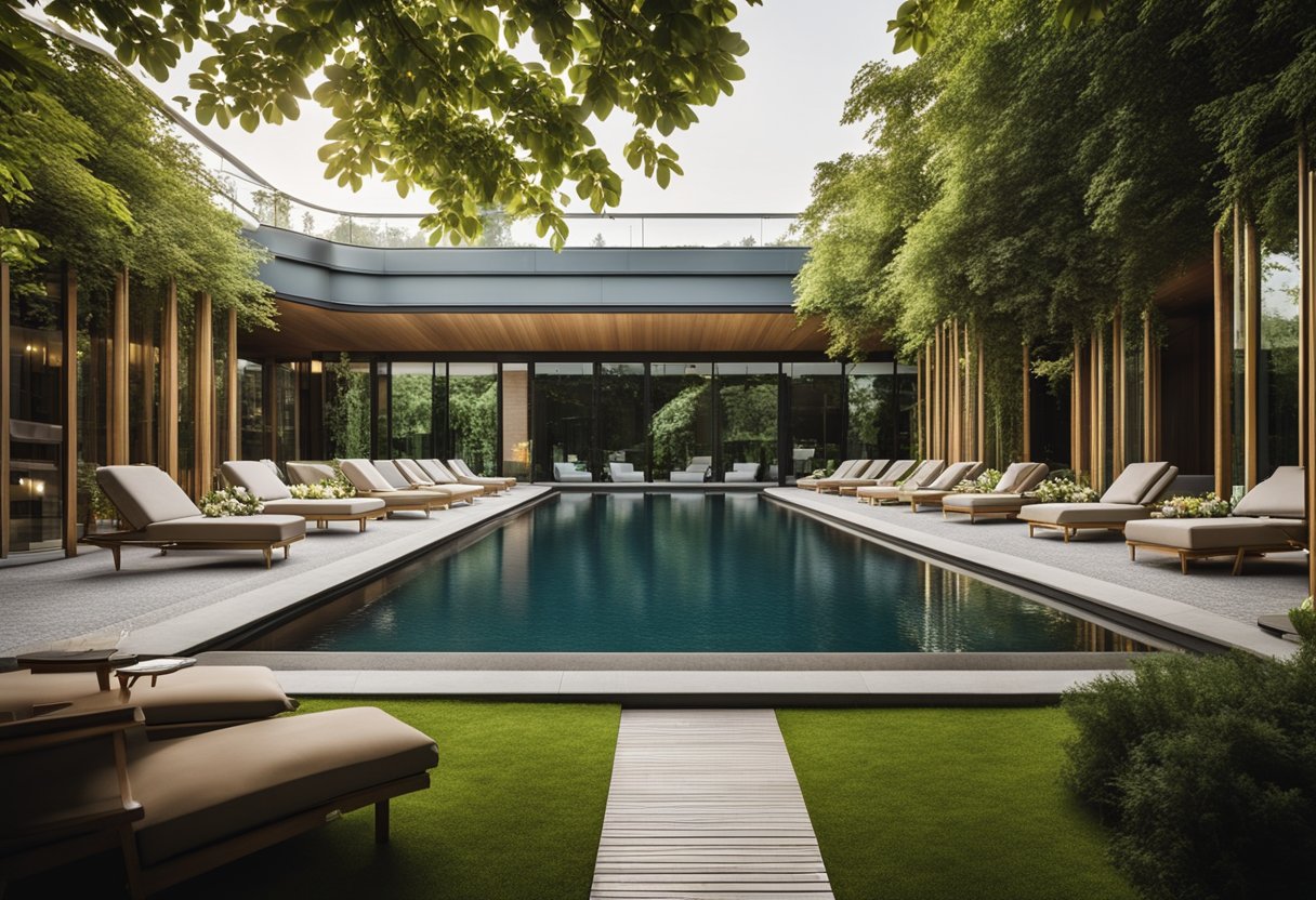 Ein luxuriöses Spa in Berlin, Deutschland, mit moderner Architektur und üppigem Grün, umgeben von ruhigen Wasserspielen und entspannenden Sitzbereichen im Freien