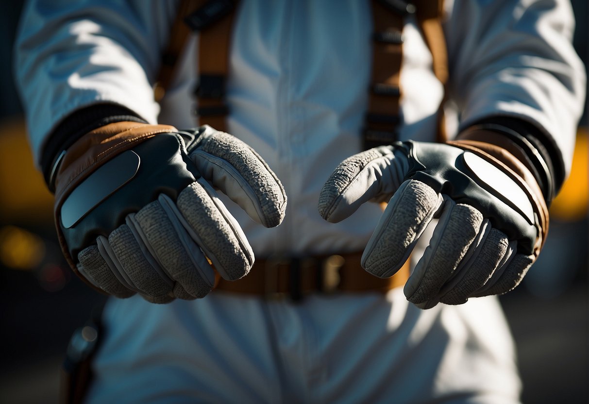 A pair of space gloves with textured surfaces and reinforced padding, designed for tactile sensitivity and protection in extreme environments