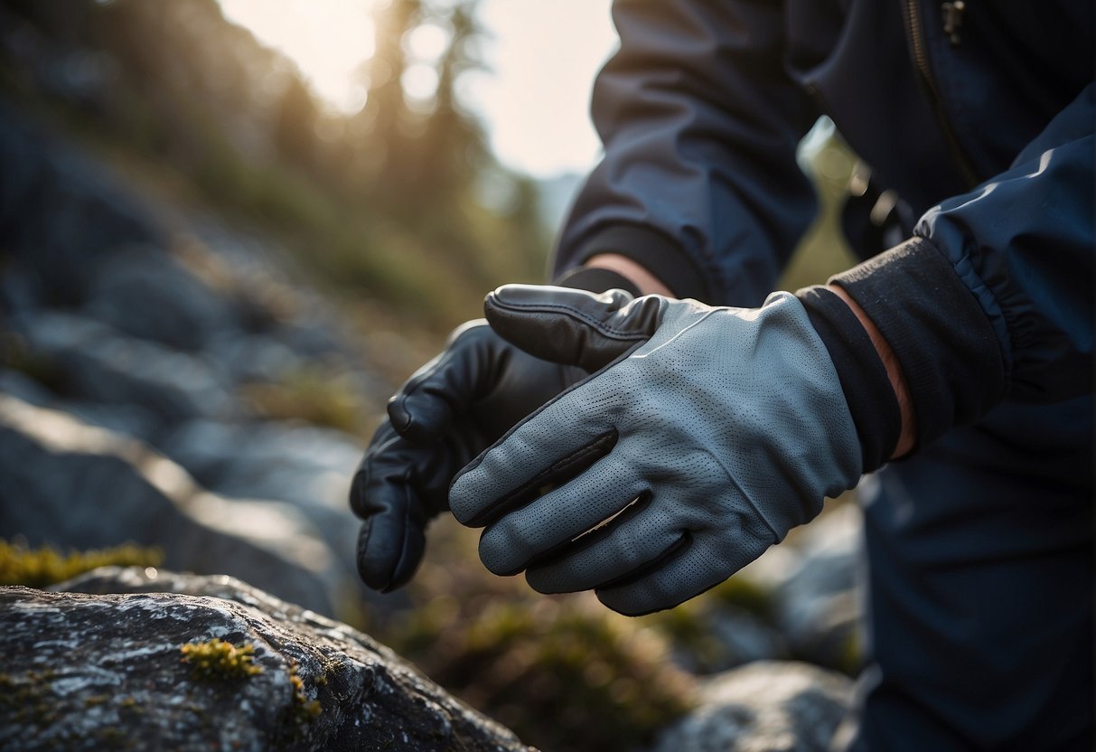 A gloved hand grasps a rugged surface, testing its tactile grip and protective capabilities in a harsh environment