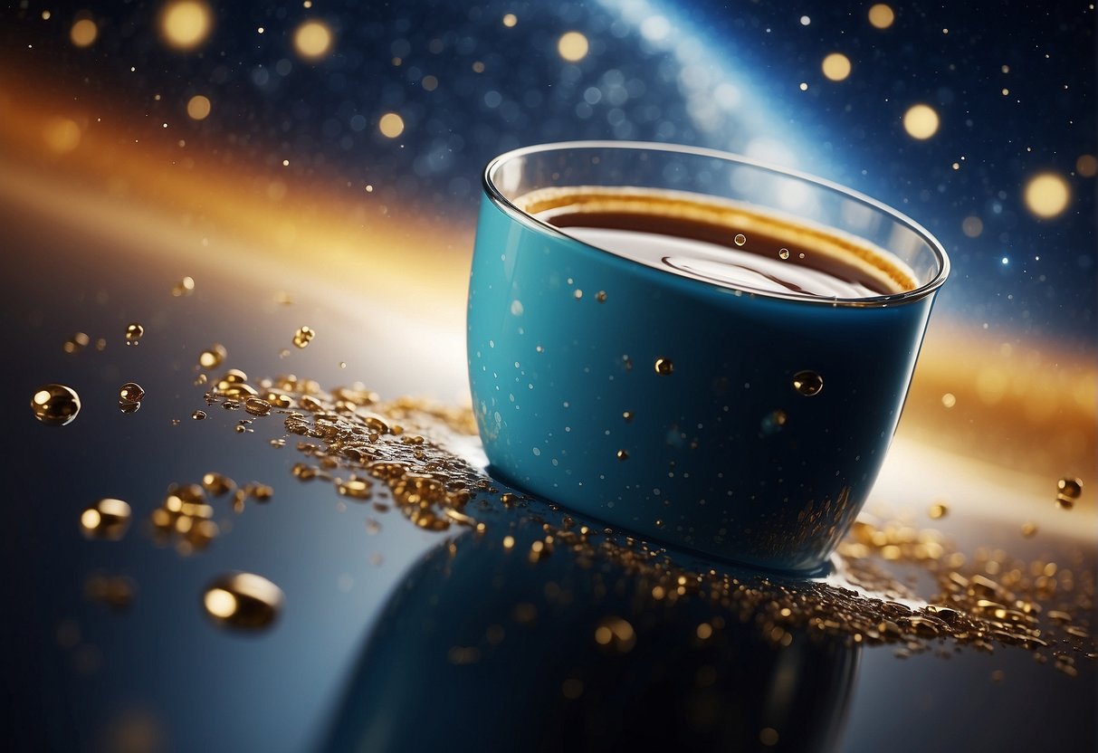 A space cup floats weightlessly, filled with liquid, surrounded by floating droplets. A background of stars and space equipment completes the scene