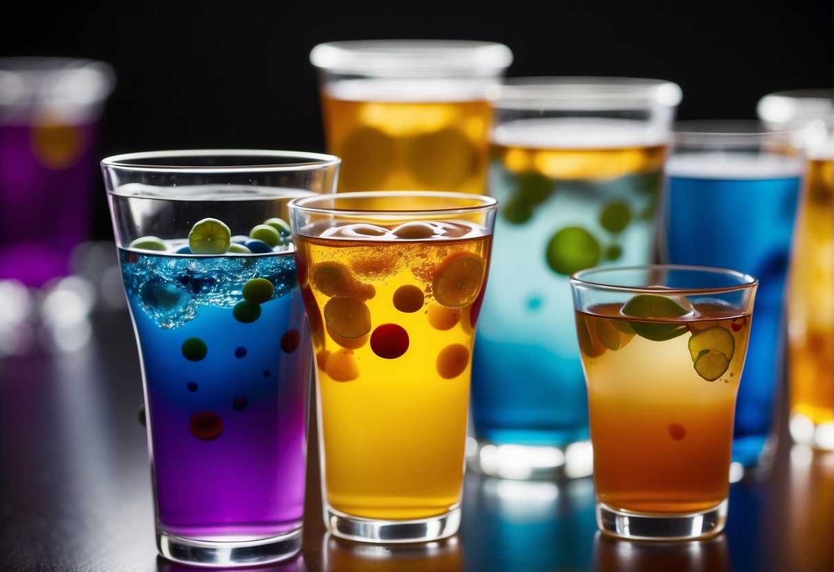 A group of floating cups filled with various colored liquids, surrounded by floating bubbles in a zero-gravity environment