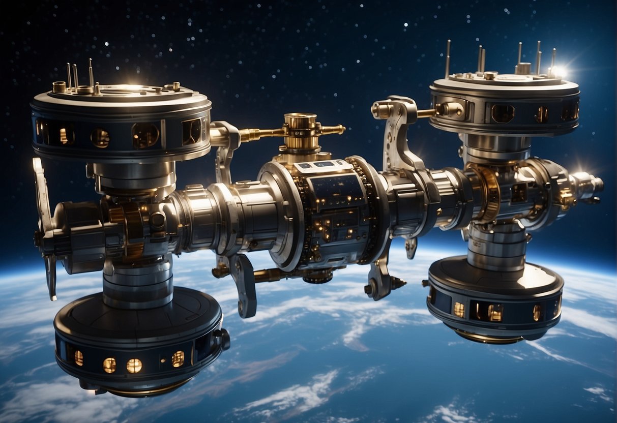 Two space stations align and connect via docking ports, locking in place with a series of mechanical clamps and seals