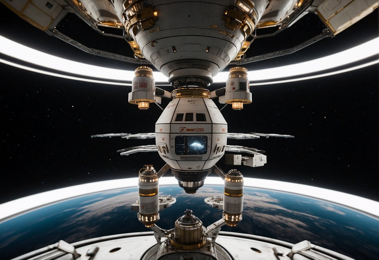 Two space stations align as docking ports extend and lock in place, securing a safe connection. Emergency lights flash as personnel prepare for potential contingencies