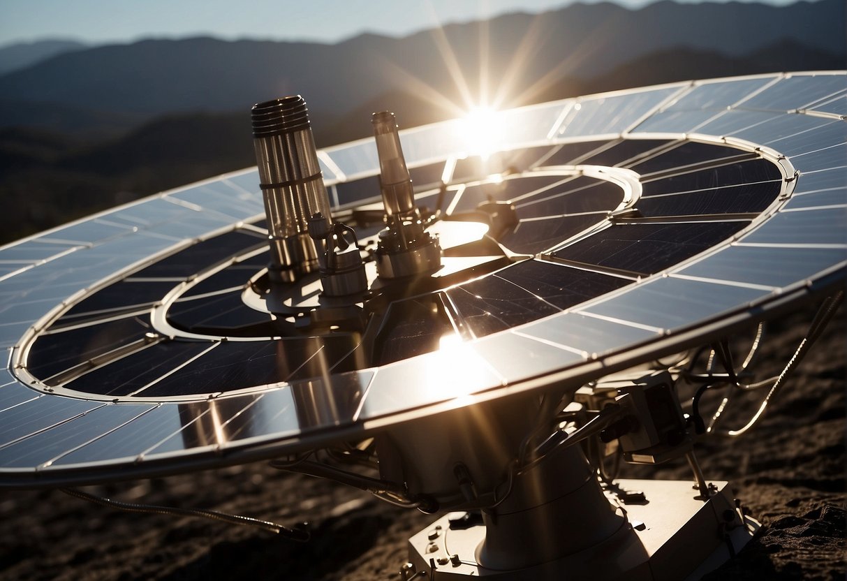 A solar array system extends from a spacecraft, supported by mechanical components. Sunlight reflects off the solar panels, providing energy for the spacecraft