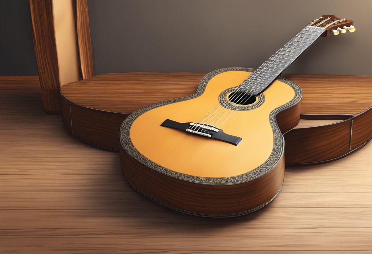 A classic Spanish guitar resting on a wooden stand, its elegant curves and intricate design highlighted by soft lighting