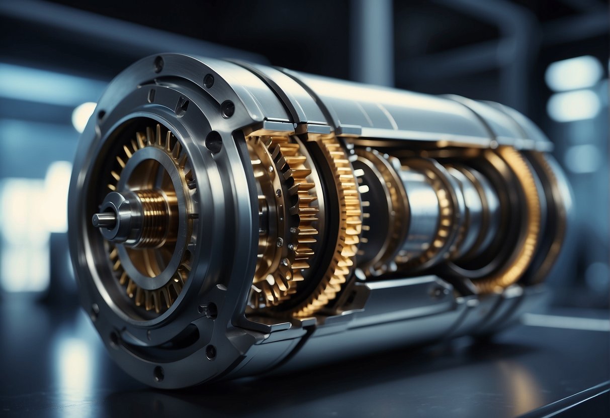 A sleek, metallic machine with gears and moving parts, coated in a shiny, space-age lubricant, glistens under the bright lights of a high-tech laboratory