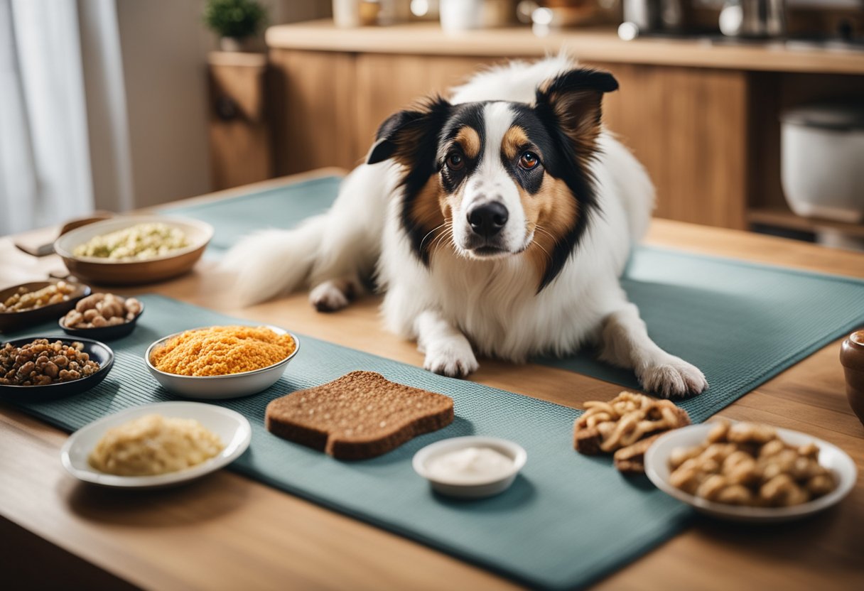 A dog enthusiastically licking a food-filled mat with various dog-friendly recipes spread out