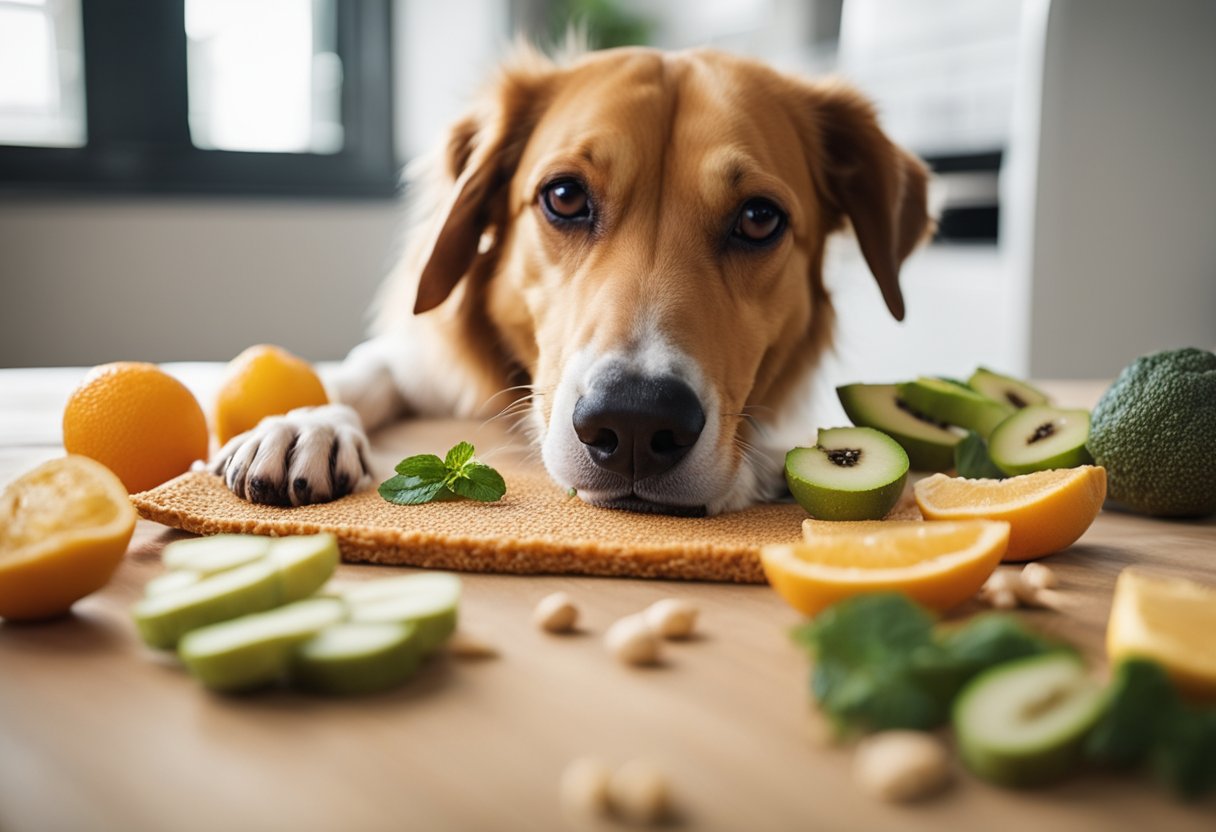 A dog happily licking a mat covered in various dog-friendly ingredients like peanut butter, yogurt, and fruits