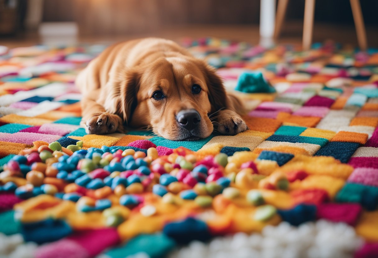 A dog licking a colorful, textured mat with various food smears and treats scattered around it