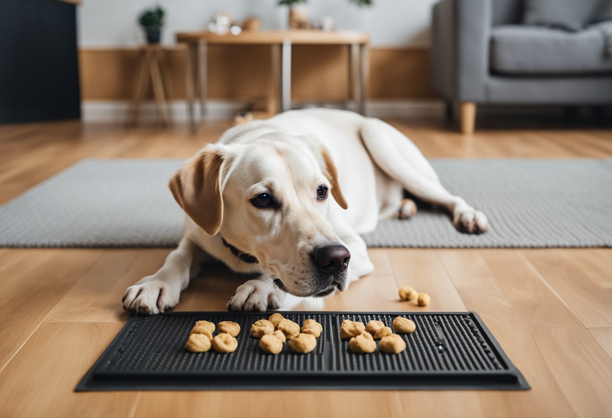 A dog licks a peanut butter-filled lick mat on the floor, surrounded by scattered kibble and a few scattered toys