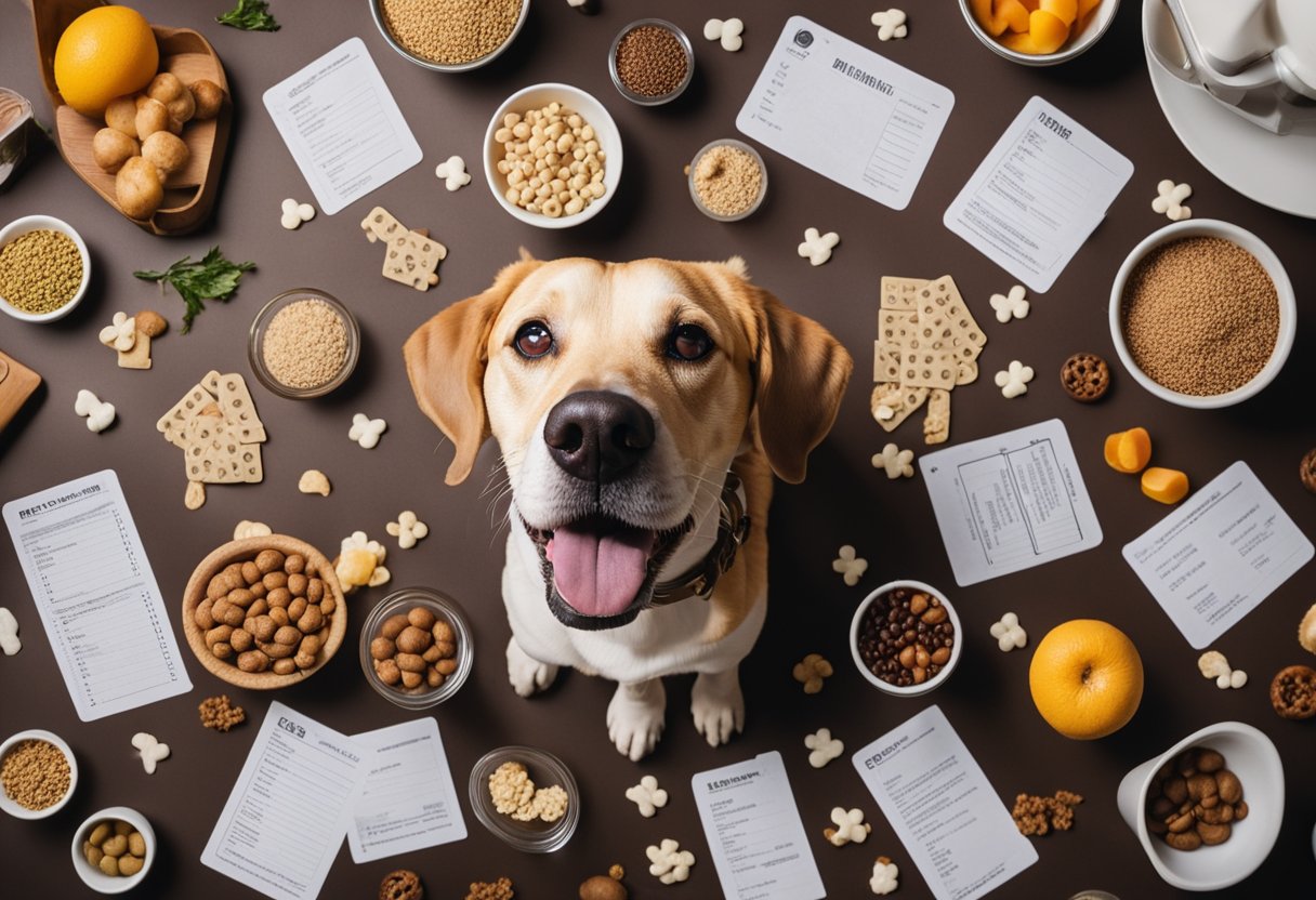 A dog happily licking a lick mat covered in various dog-friendly food, surrounded by scattered recipe cards