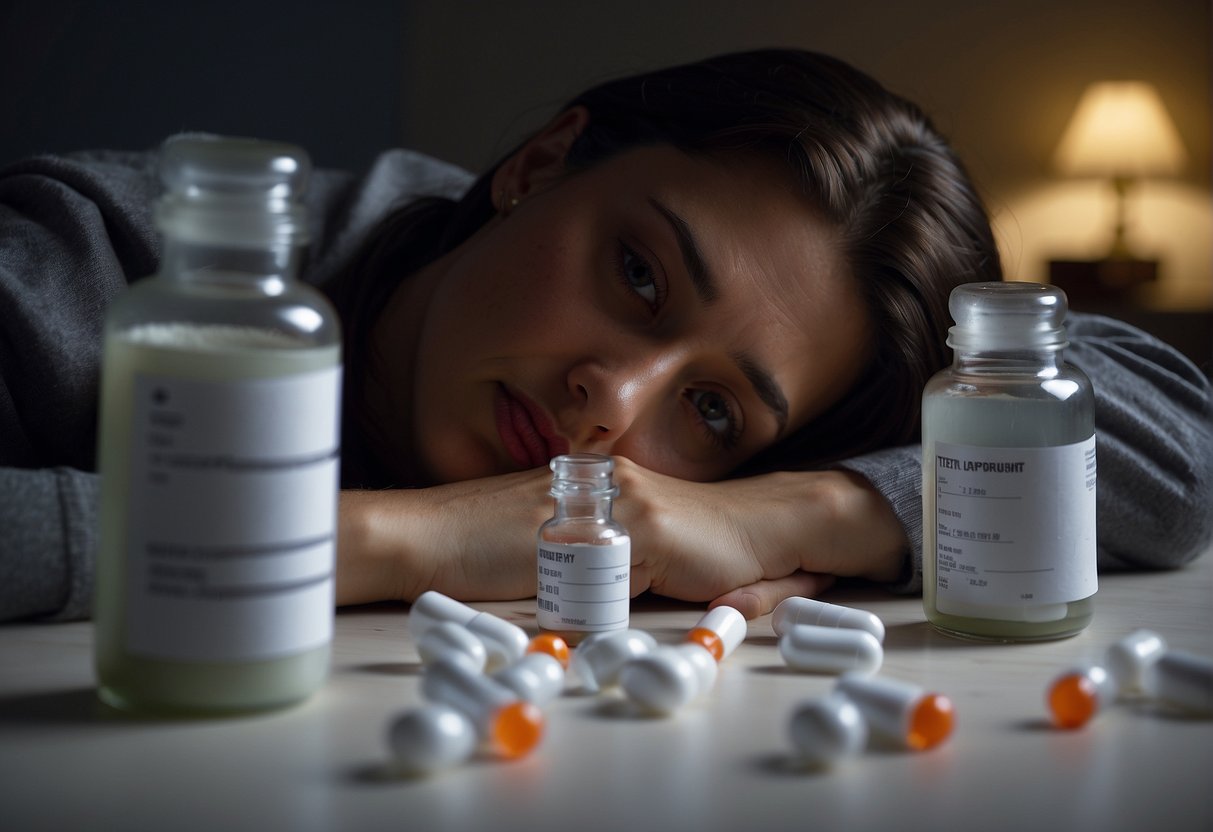 A person lying in bed, surrounded by empty pill bottles and a calendar marked with missed appointments and events. The room is dimly lit, and the person looks exhausted