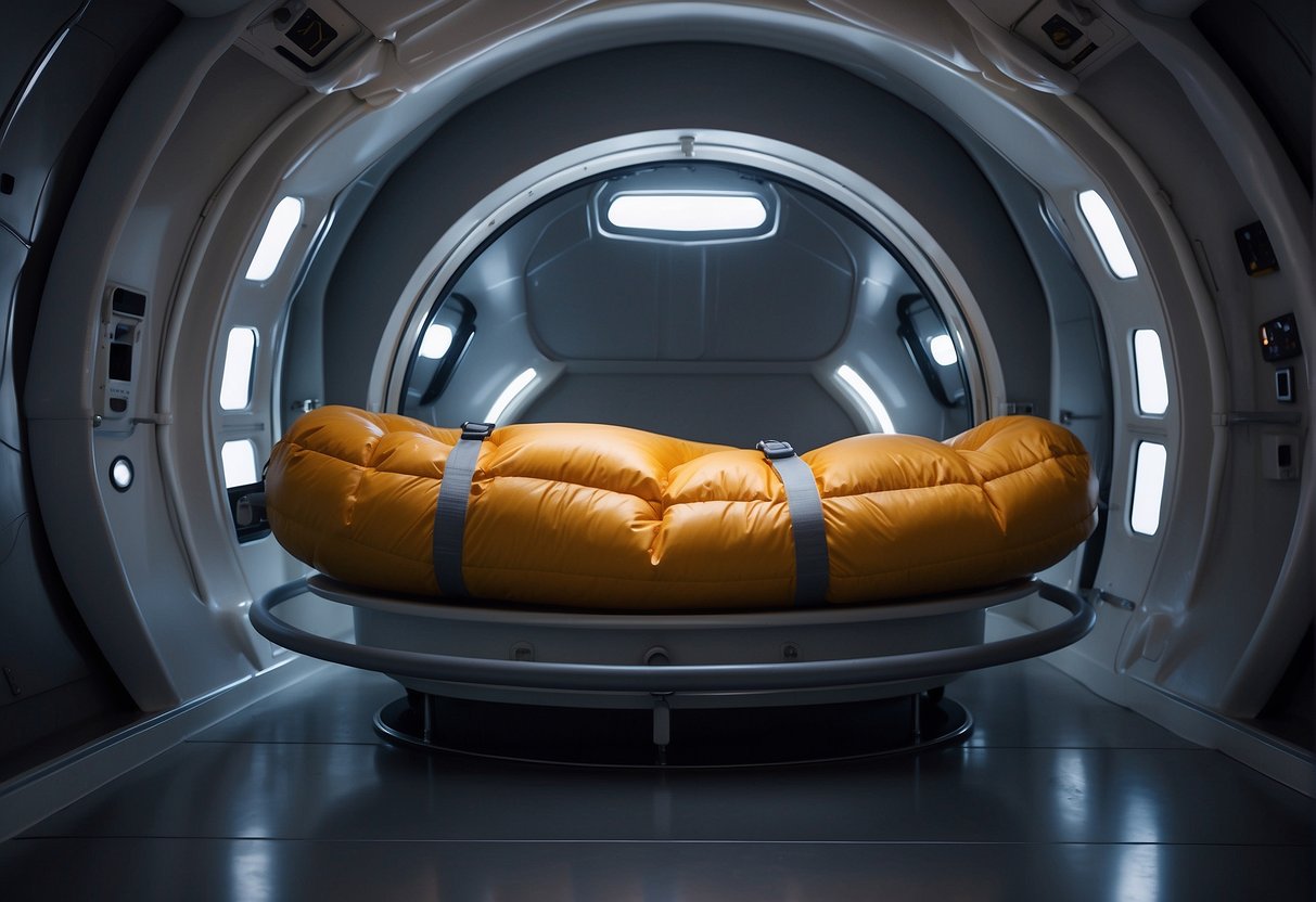The Science of Sleep in Space - A sleeping bag floats in a space capsule, tethered to the wall. A bed with restraints and straps is secured to the floor